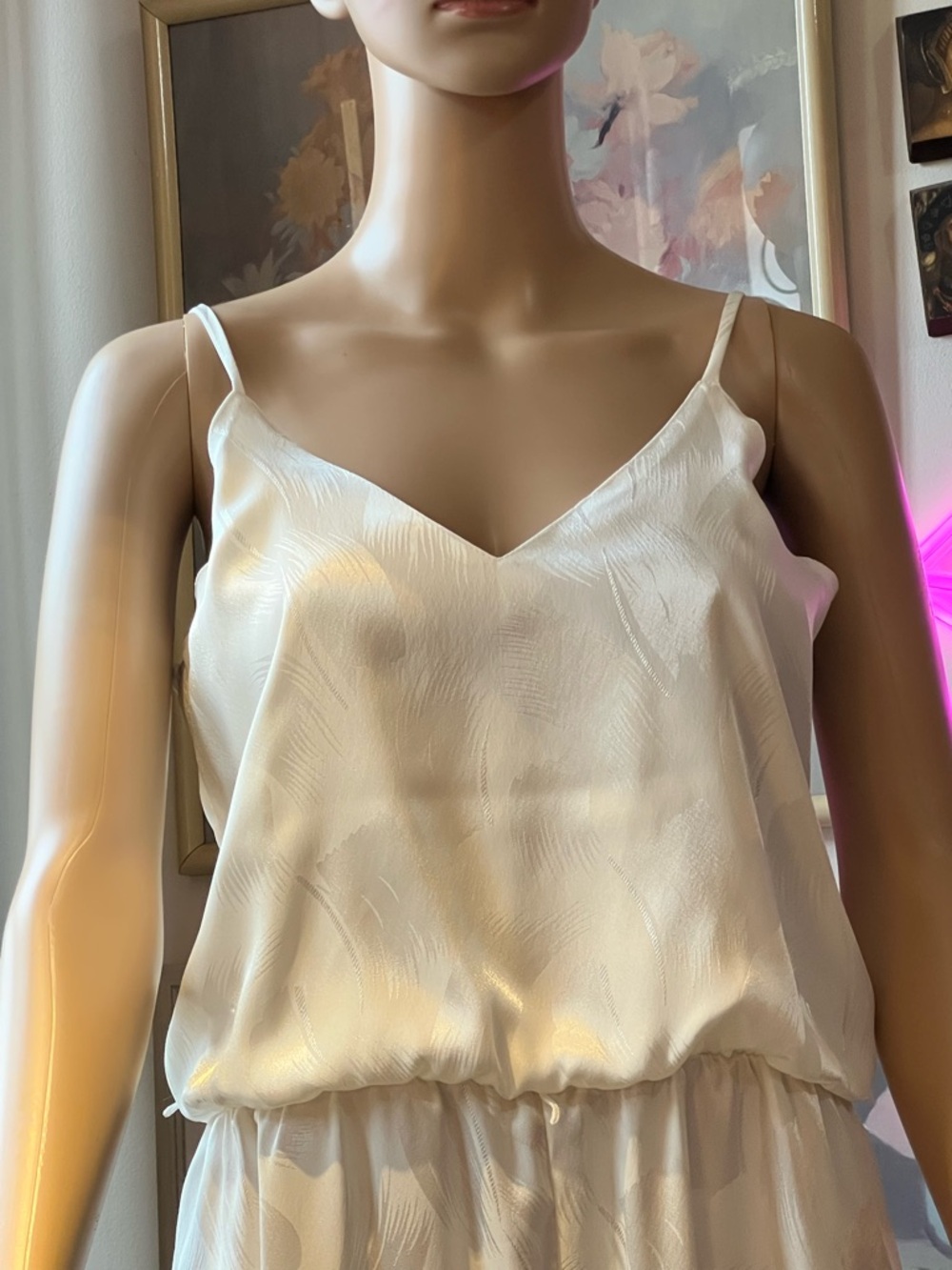 70s Disco Styling Creamy White Satin/Matte V-Neck Jumpsuit with Spaghetti Straps - Picture 2 of 14
